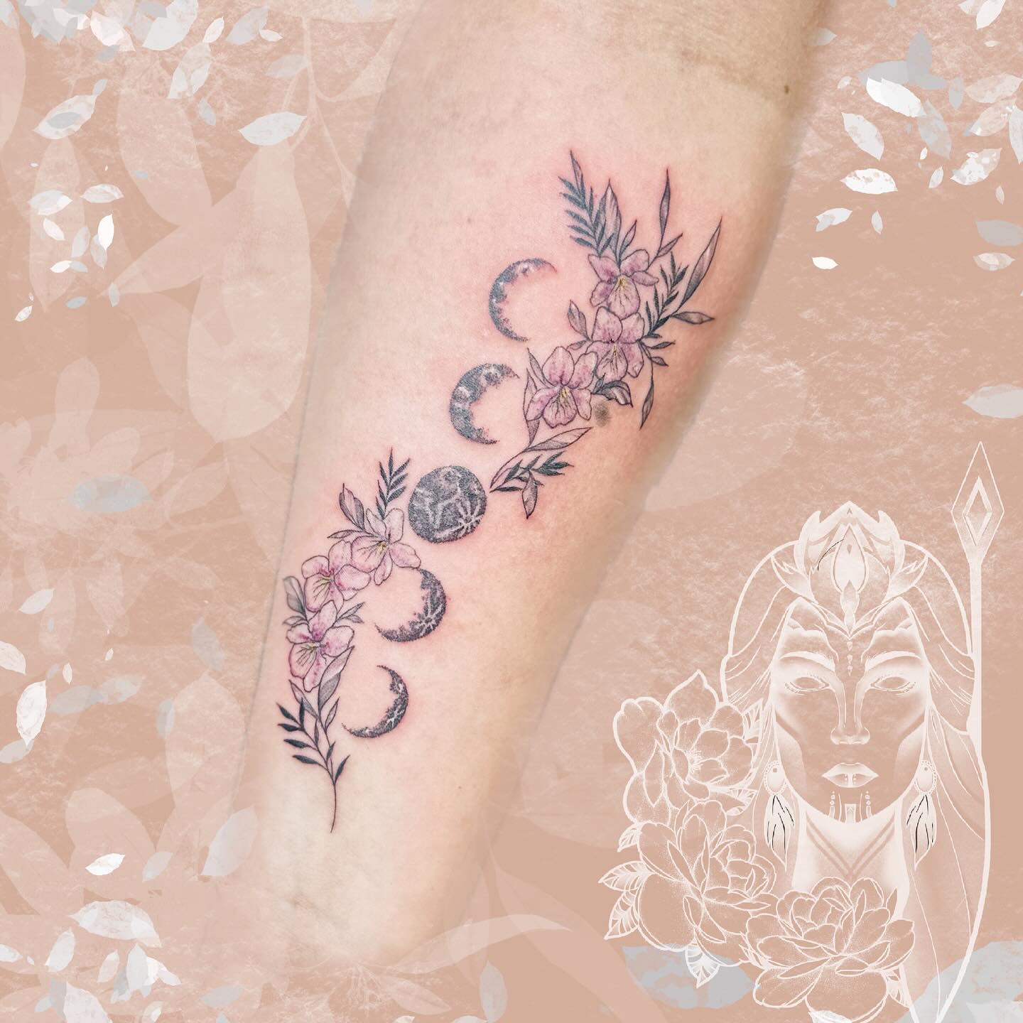 tatouage Phases de la lune ornée d'orchidées Inkaat